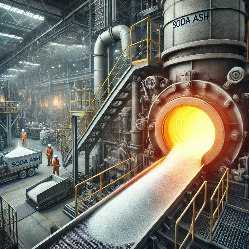 Soda ash being fed into a furnace during the glass manufacturing